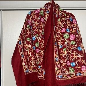 Embroidered Floral Shawl Scarf - Red